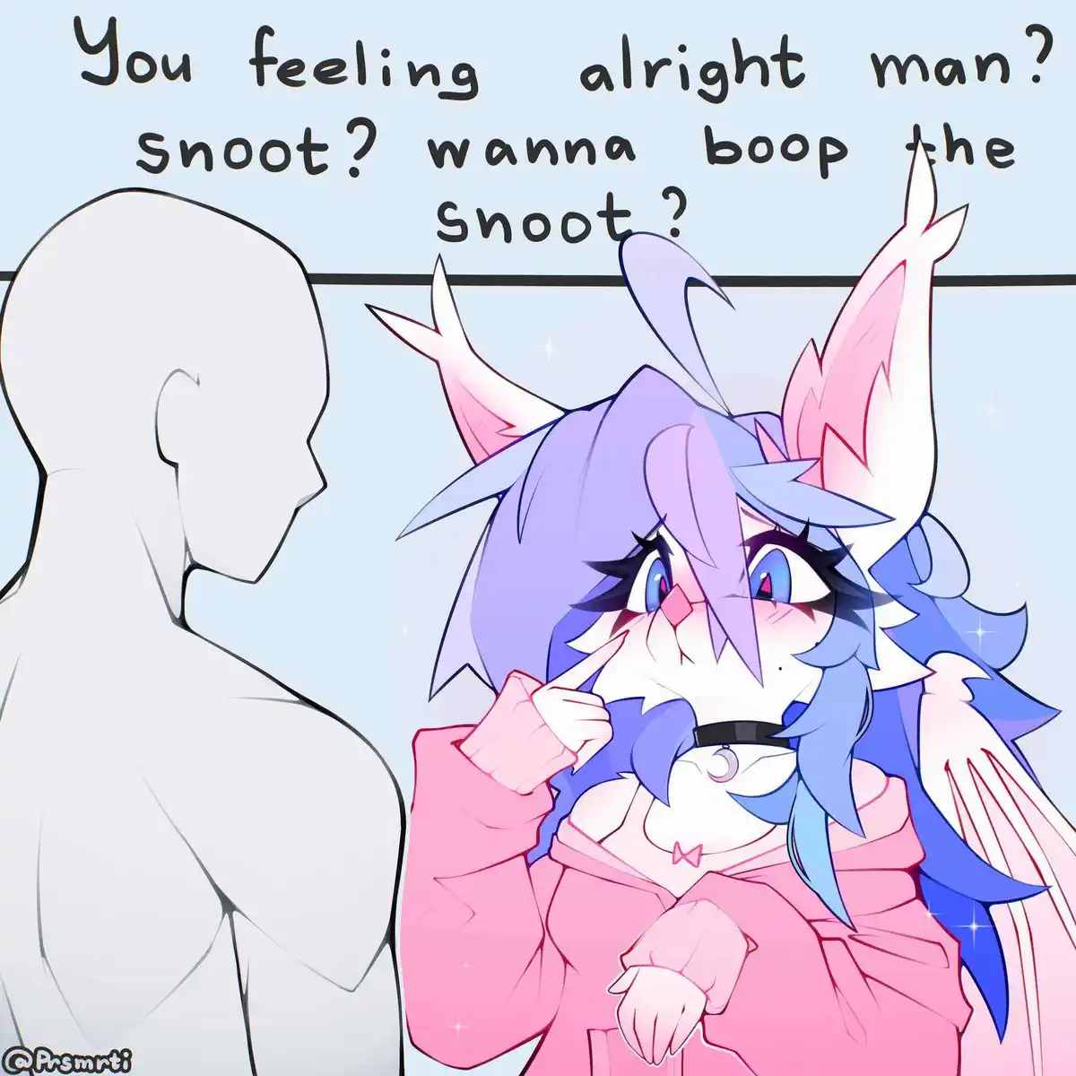 An anime-style anthropomorphic character with purple and blue hair, pink ears, and a pink hoodie points at their own nose…