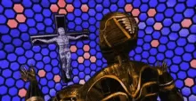 A six-panel image sequence shows a golden robot character against a blue hexagonal background with red dots. The panels…