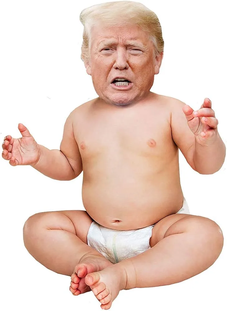 A baby with a large, realistic head of former U.S. President Donald Trump, wearing a diaper and sitting cross-legged with…