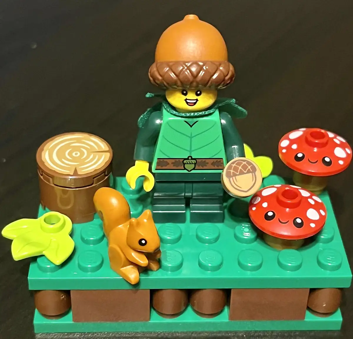 A LEGO minifigure with an acorn hat and green outfit stands on a green baseplate surrounded by forest-themed LEGO pieces…