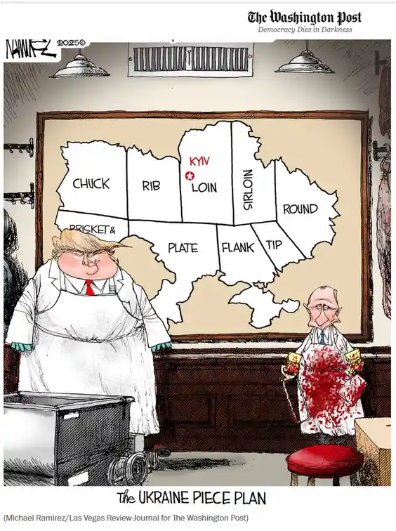 A cartoon depicts two men in a butcher shop, one resembling Donald Trump and the other resembling Vladimir Putin, standing…