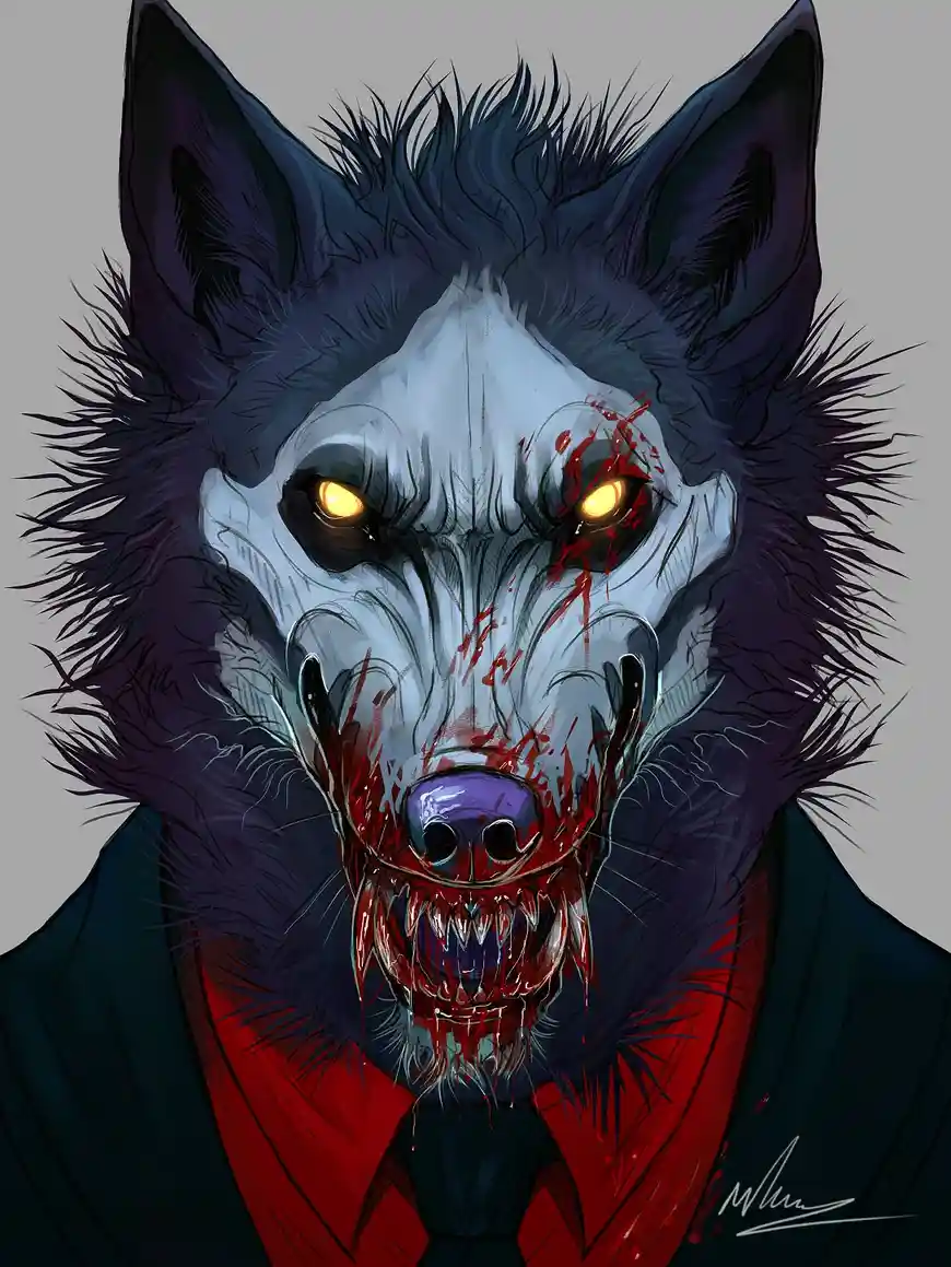 A digitally illustrated close-up of a menacing, anthropomorphic wolf with glowing yellow eyes, blood splattered across its…