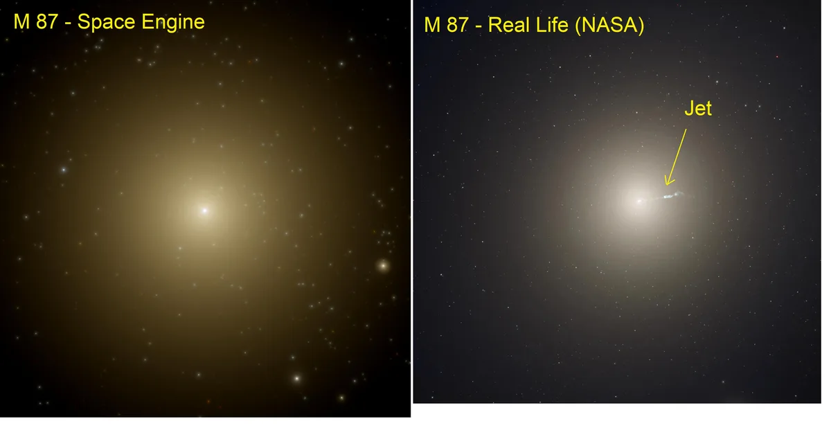 The image displays two side-by-side depictions of the galaxy M87. The left panel, labeled 'M 87 - Space Engine,' shows a…