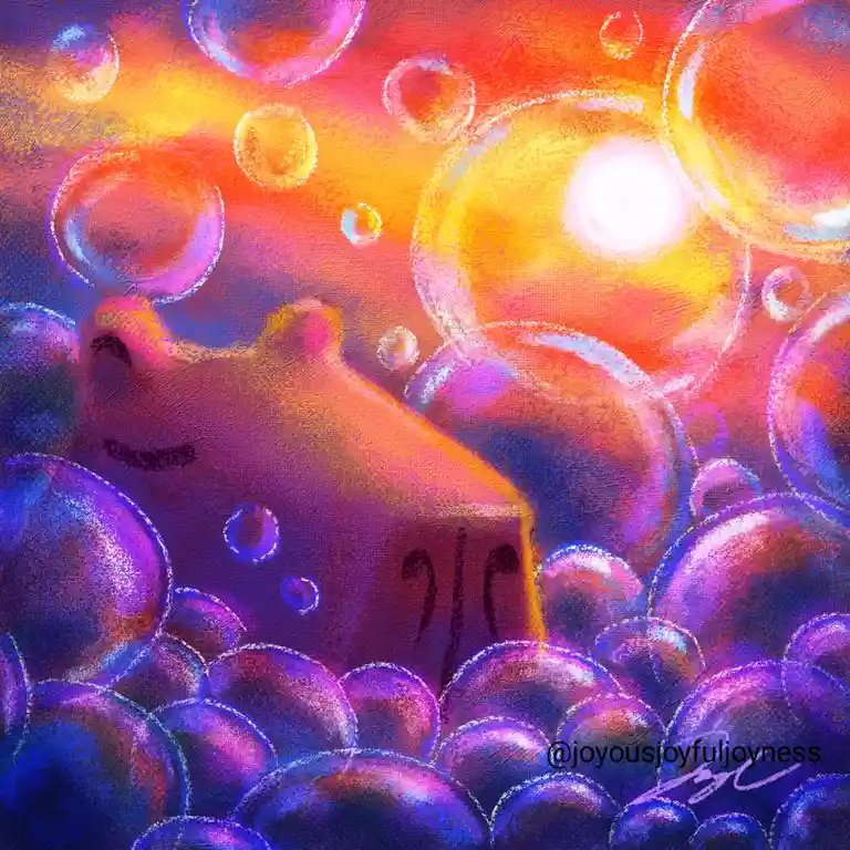 A vibrant, painterly image shows a small, simple house nestled among countless colorful bubbles of various sizes. The…