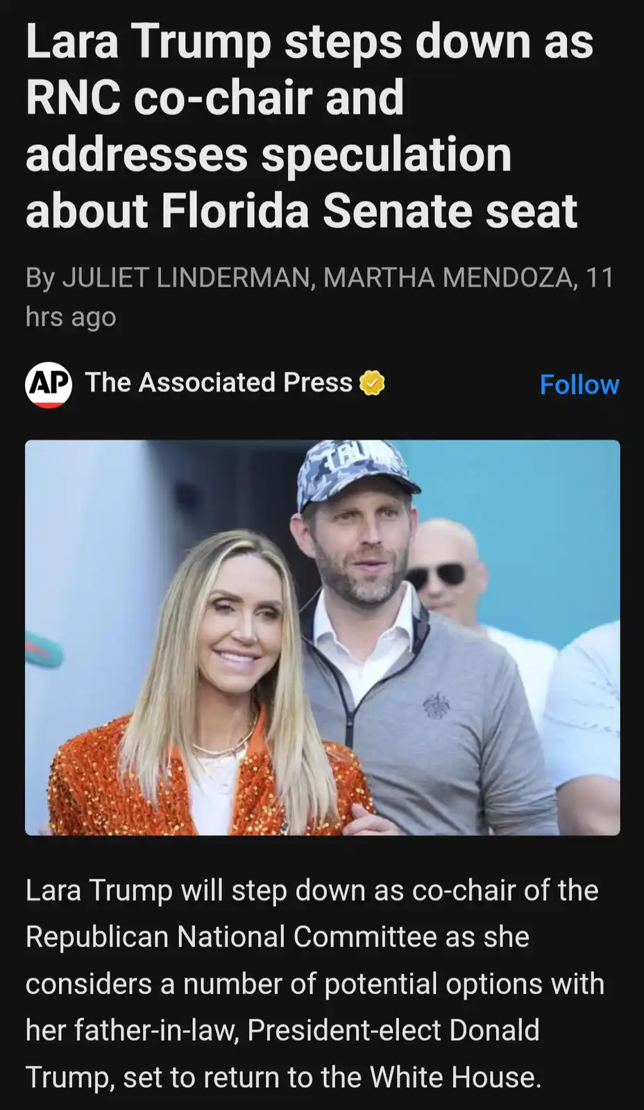 A screenshot of an Associated Press news article about Lara Trump stepping down as RNC co-chair, featuring a photo of her…