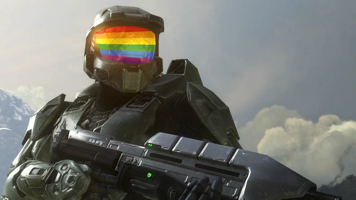 a soldier in green armor holding a futuristic rifle, with a rainbow flag pattern overlaid on the visor of their helmet. The…