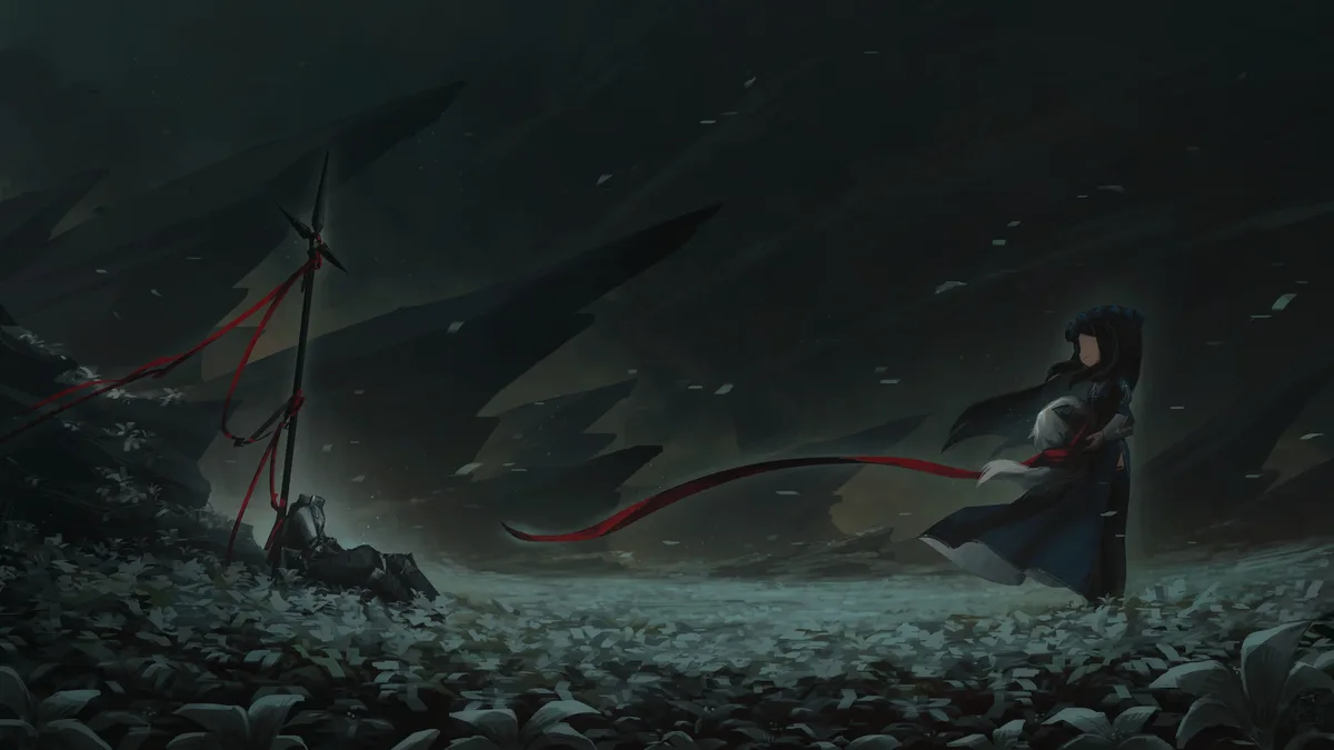 A dark, atmospheric illustration shows a character in a blue coat holding a white-haired figure, standing opposite a fallen…