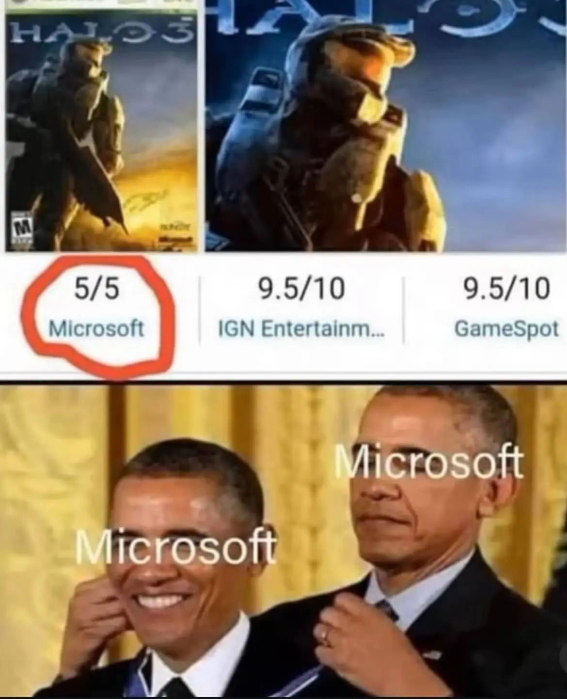 The top half shows two Halo 3 game covers side-by-side with a review bar below them. The Microsoft review is highlighted…