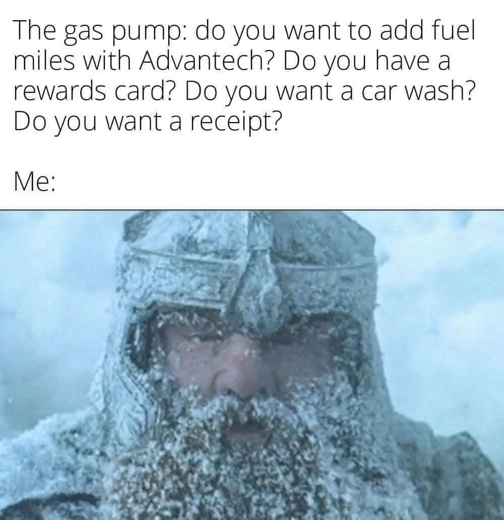 The top half of the image displays text asking a gas pump a series of questions about rewards, car washes, and receipts. The…