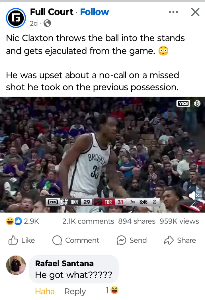A screenshot of a Facebook post showing basketball player Nic Claxton in a Brooklyn Nets jersey walking away from the court…