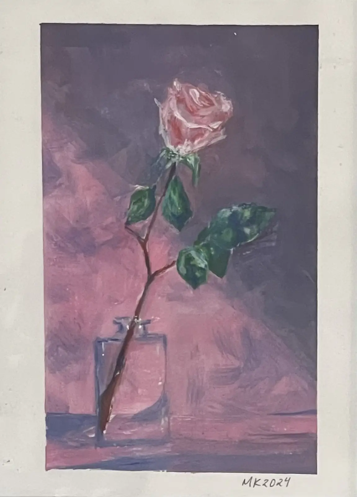 A painting depicts a single pink rose in a clear glass vase against a purple and pink textured background. The rose has…
