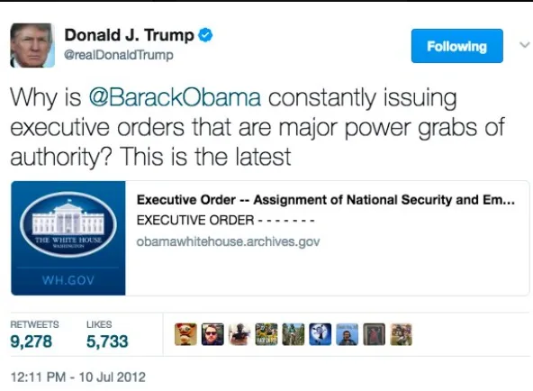 A screenshot of a 2012 tweet from Donald J. Trump's verified Twitter account, which questions Barack Obama's use of…