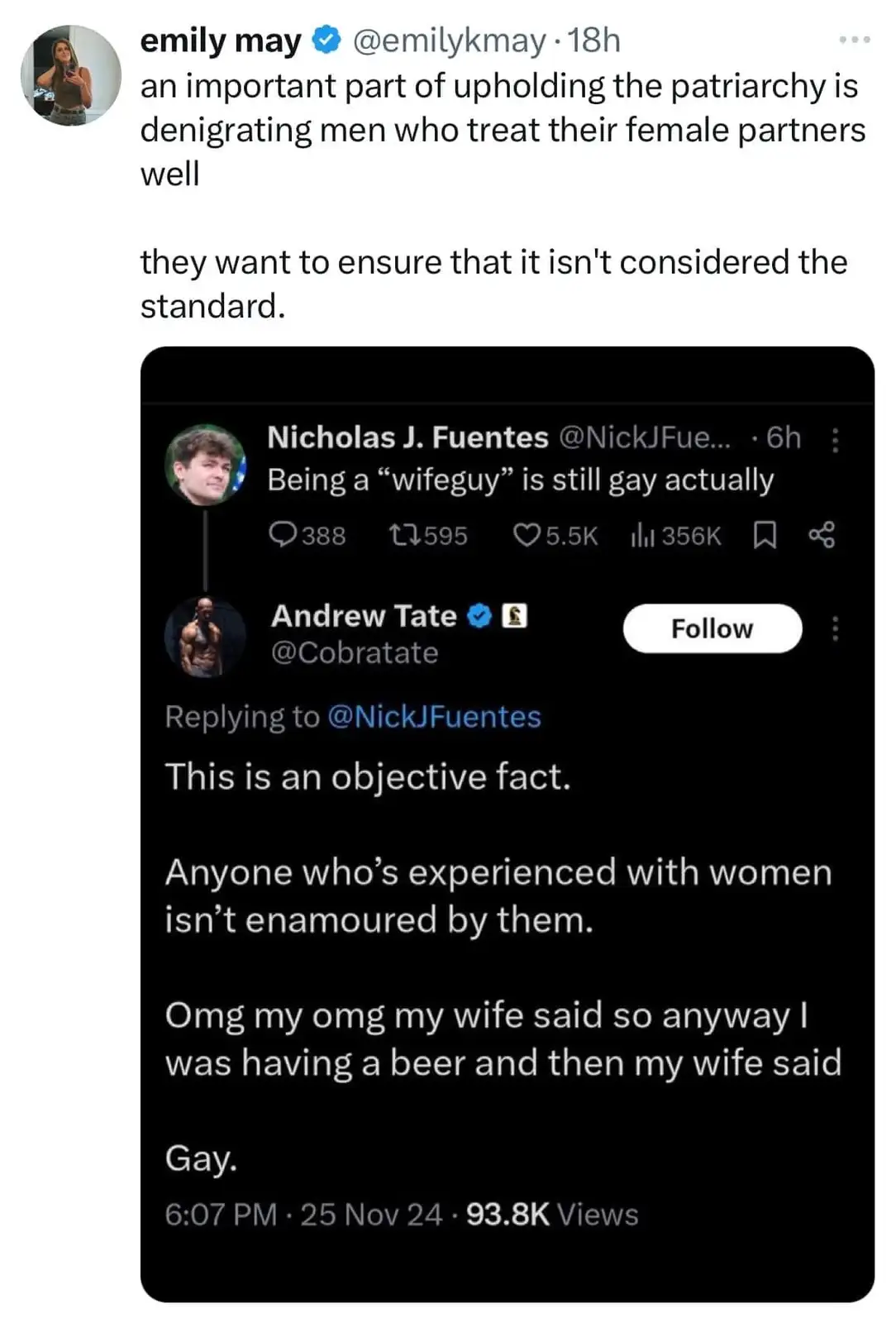 A screenshot of a Twitter thread where Nicholas J. Fuentes claims being a 'wifeguy' is still gay, and Andrew Tate replies…