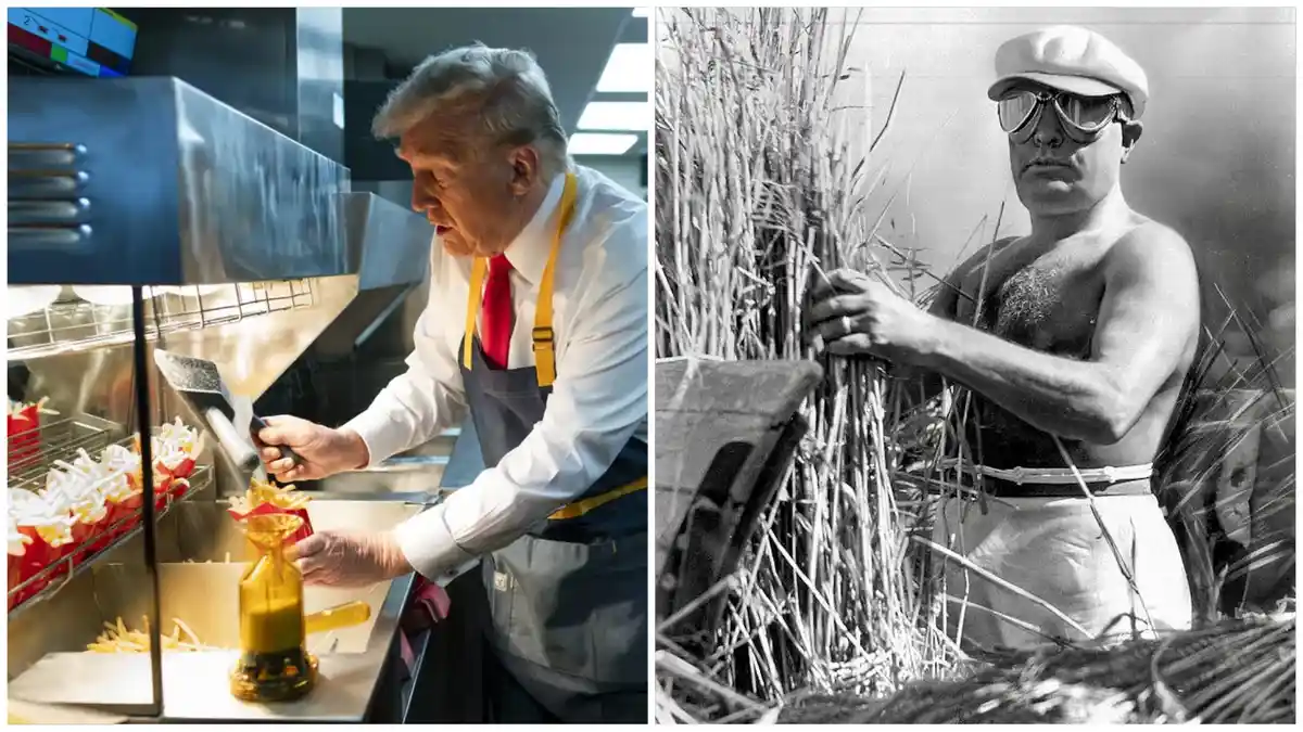 The image is a split-screen meme. On the left, Donald Trump, wearing a white shirt, red tie, and blue apron, is shown in a…