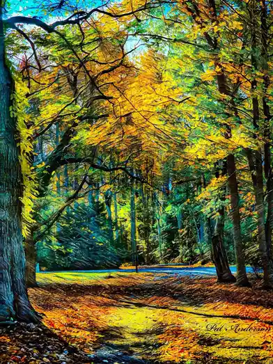 A vibrant, heavily saturated photograph of a forest path in autumn, with golden-yellow leaves covering the ground and trees…