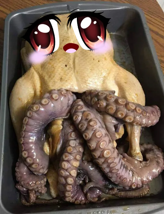 A raw octopus is placed on top of a raw chicken in a metal baking pan, with large anime-style crying eyes and blush overlaid…