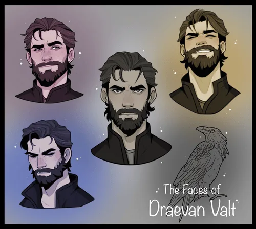 The image displays four illustrated portraits of a bearded man with variations in expression and lighting, alongside a raven…