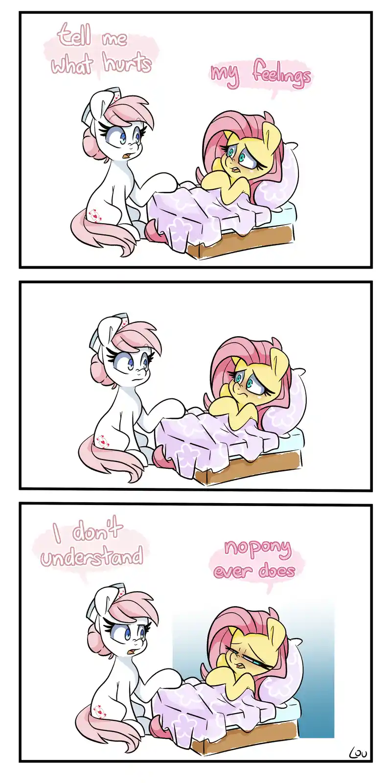 A three-panel comic featuring two My Little Pony characters: a white pony in a nurse outfit asks a yellow pony in bed what…