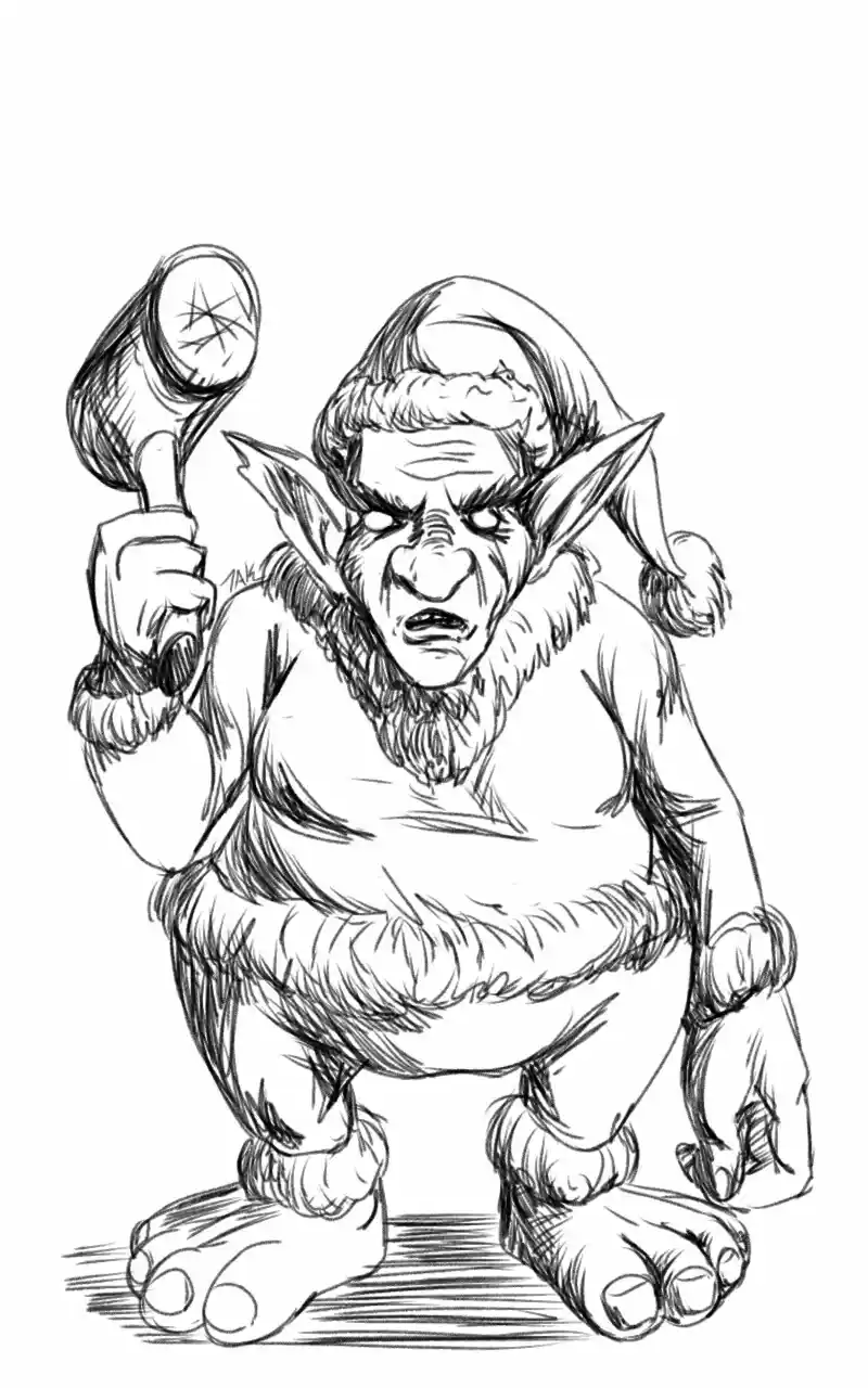 A black-and-white sketch depicts a menacing, furry goblin-like creature with pointed ears and a Santa hat, holding a mallet…