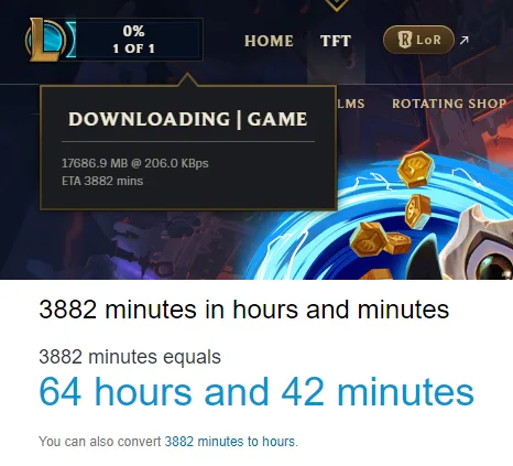 A screenshot of a game download screen showing 'DOWNLOADING | GAME' with 3882 minutes estimated to complete. Below, text…