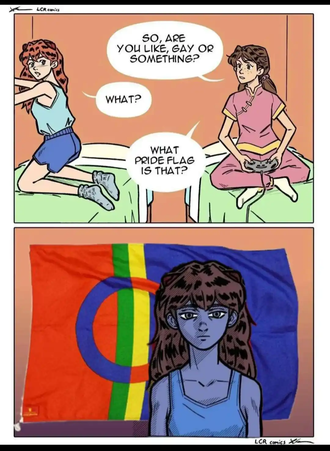 A two-panel comic strip from LCR comics shows one girl asking another if she's gay, prompting a confused 'WHAT?' and then…