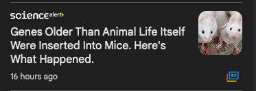 A screenshot of a ScienceAlert article thumbnail featuring two white mice in a cage, with the headline overlaid: 'Genes…