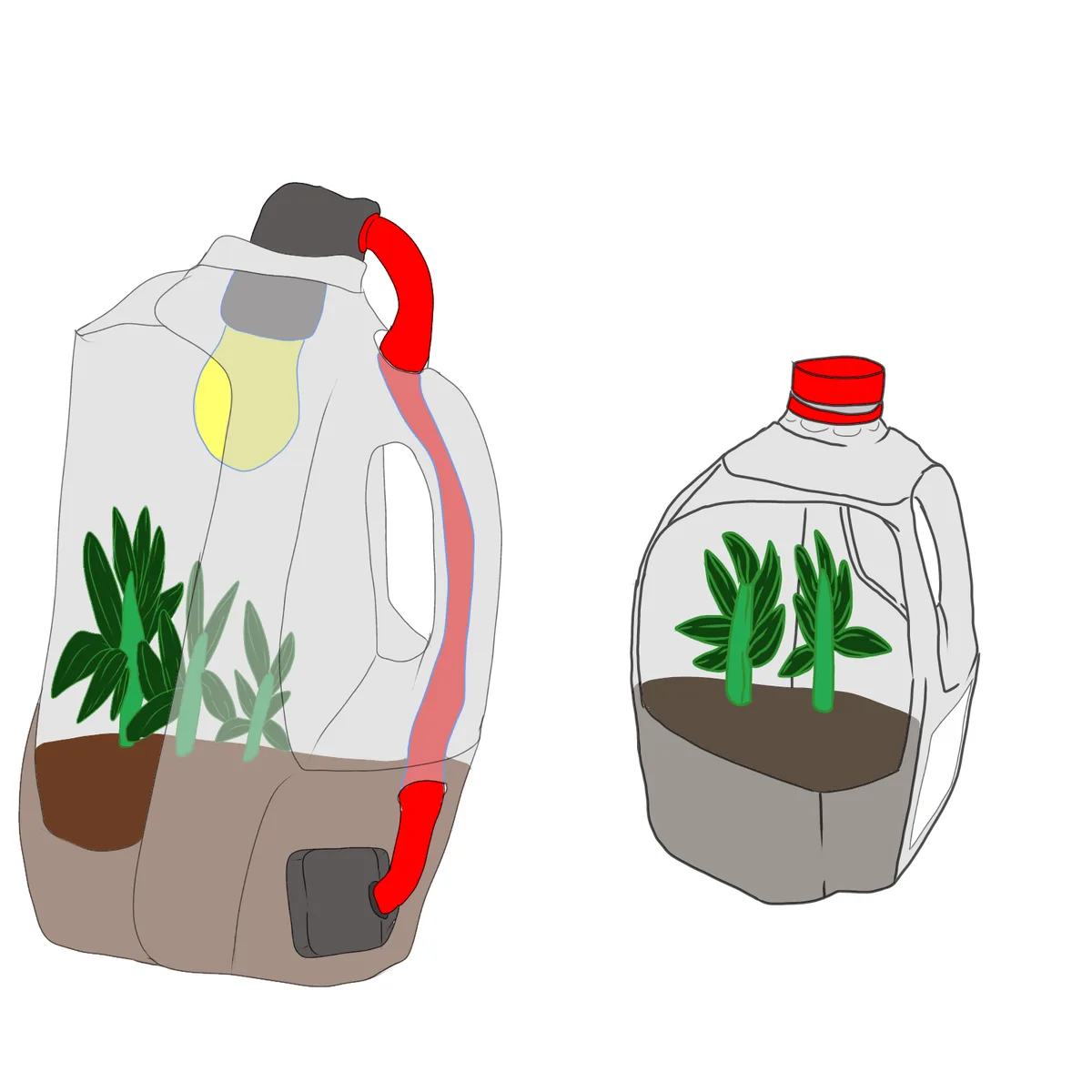 Two cartoon-style plastic jugs, resembling milk jugs, are shown side by side. The left jug has a light bulb inside, a red…