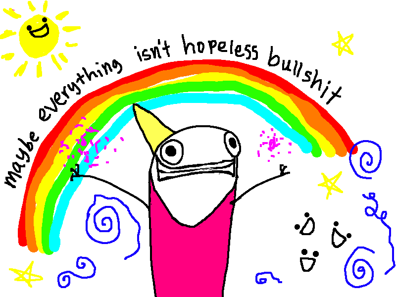 A childlike drawing shows a cartoonish, pink-clad character with a wide-eyed, open-mouthed expression standing under a…