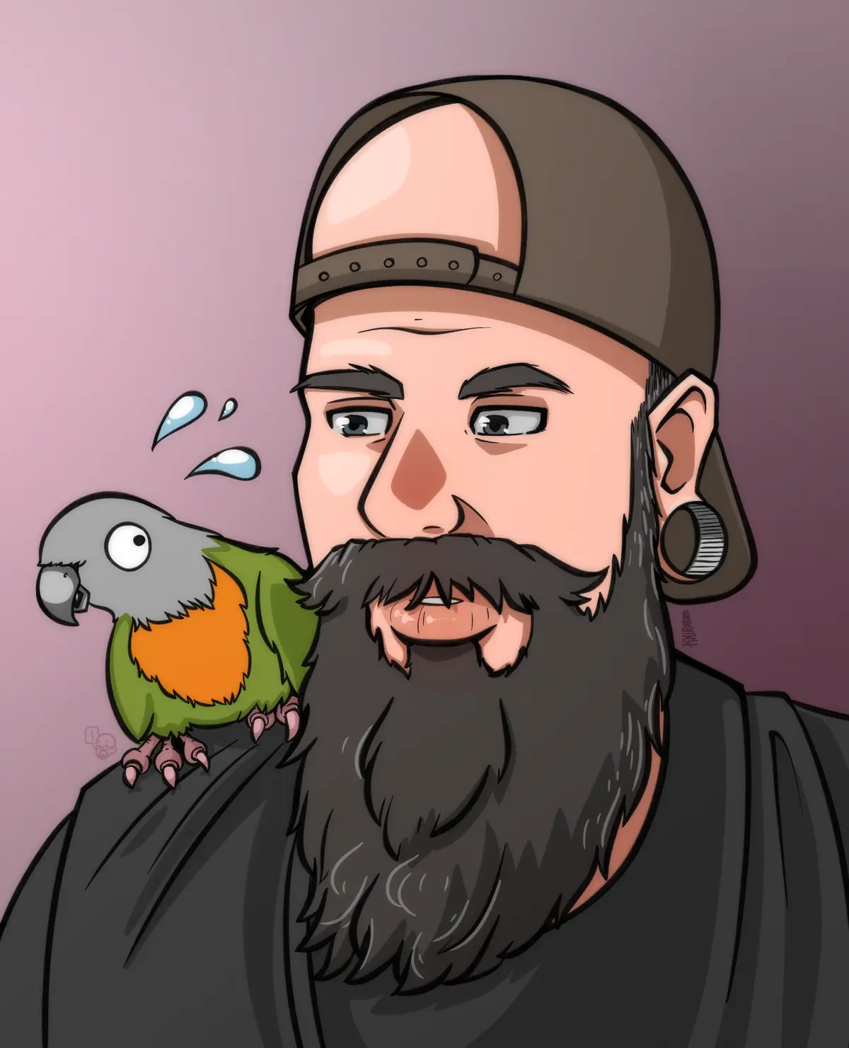 A cartoon illustration shows a man with a thick beard, wearing a backward cap and a large ear gauge, looking startled as a…
