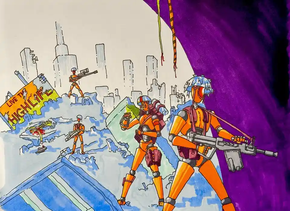 A hand-drawn, colorful illustration depicts several orange-armored soldiers with futuristic weapons standing on a ruined…