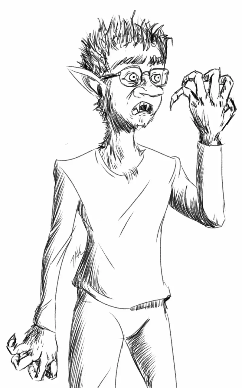 A black-and-white sketch depicts a humanoid creature with pointed ears, glasses, a beard, and clawed hands, wearing a simple…