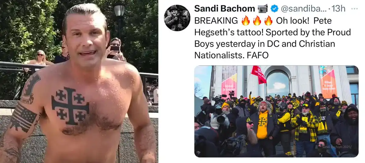 A shirtless man with a large black cross tattoo on his chest and an American flag tattoo on his left arm is shown in the…
