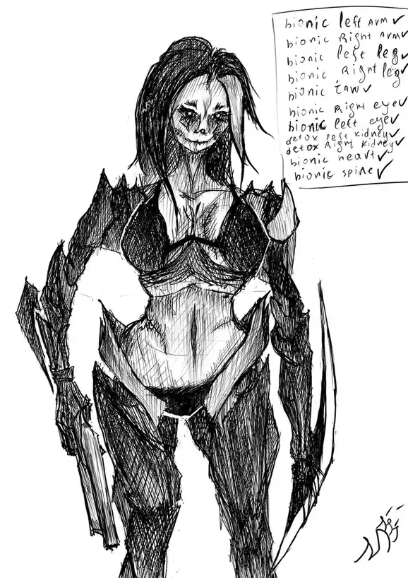 A black-and-white sketch of a muscular, armored female figure with a stern expression. To her right is a checklist with…