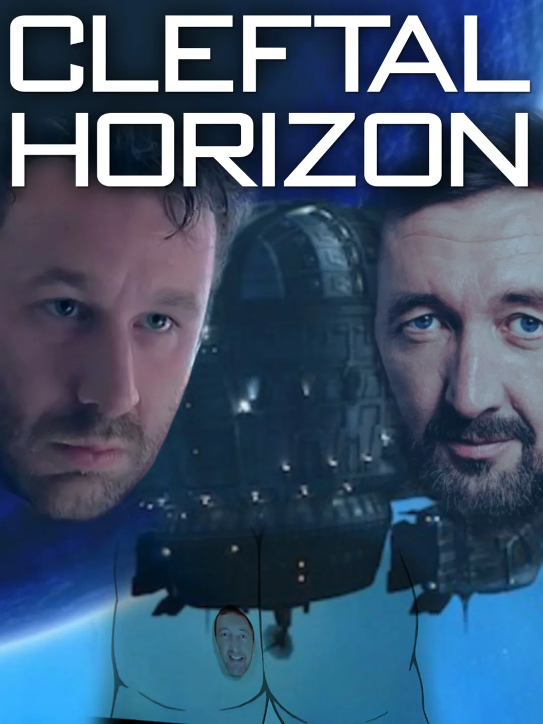 The image is a parody movie poster featuring two men's faces on either side of a spaceship, with a cartoonish outline of a…