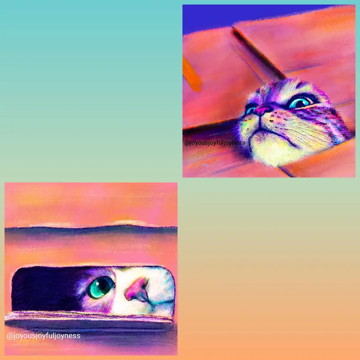 Two stylized digital illustrations of a cat's face peeking out of a cardboard box, one looking up with wide eyes and the…