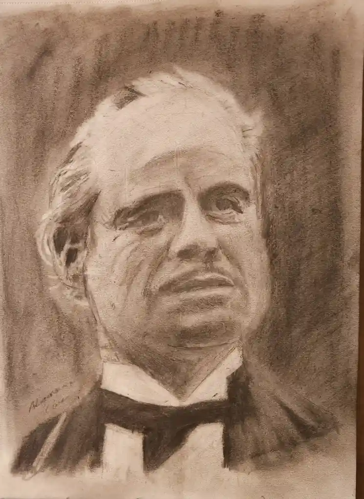 A sepia-toned charcoal sketch depicts a man with receding hair, wearing a bow tie and suit, looking upward with a serious…