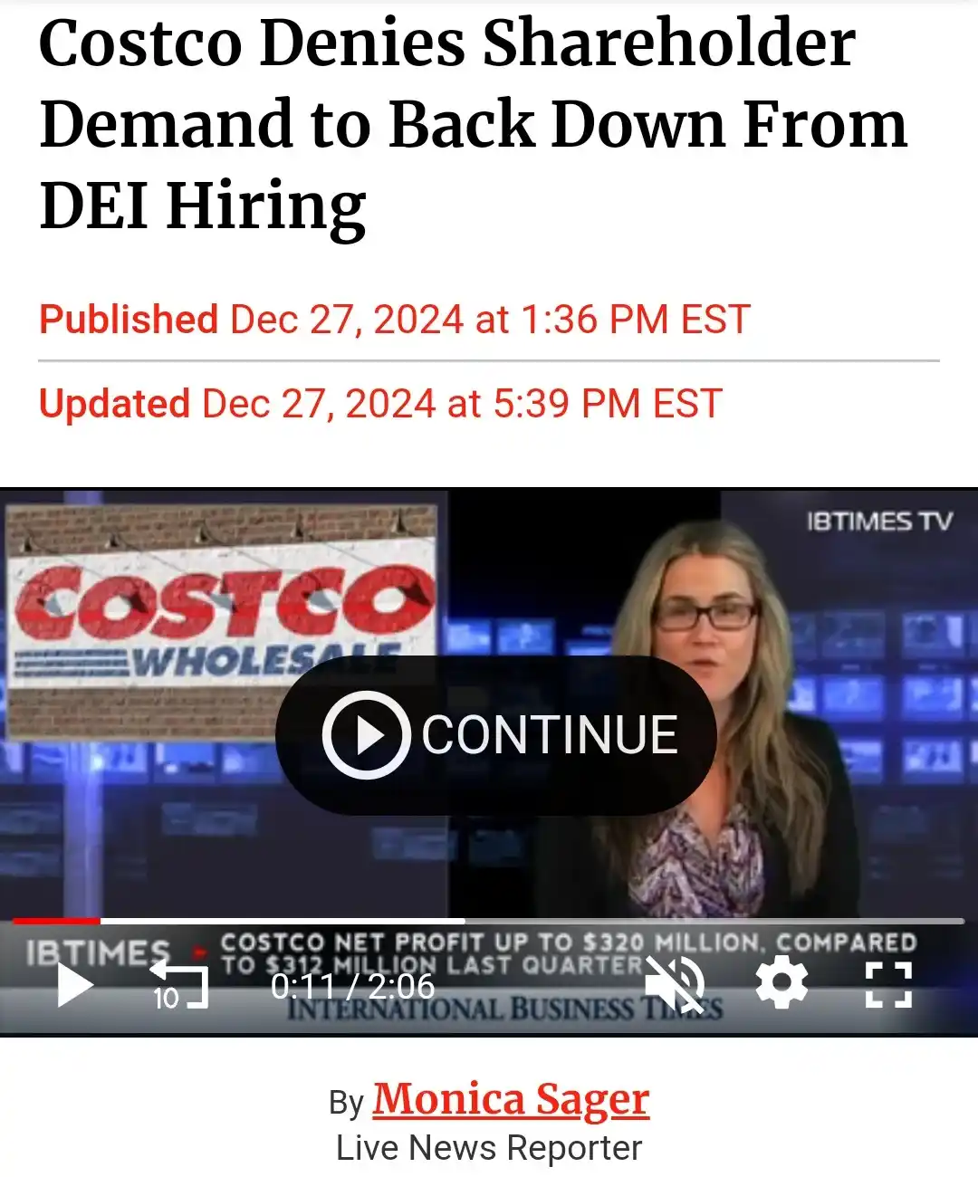 A screenshot of a news article header with the headline 'Costco Denies Shareholder Demand to Back Down From DEI Hiring'…