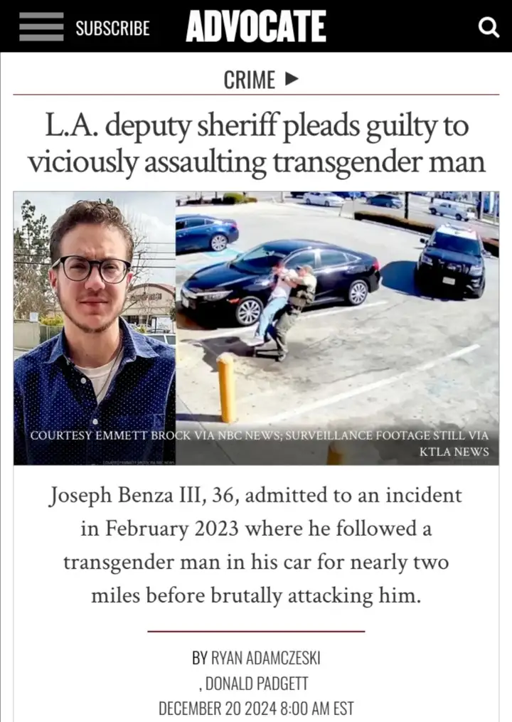 A news article screenshot from 'ADVOCATE' shows a headline about an L.A. deputy sheriff pleading guilty to assaulting a…