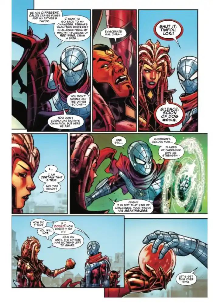 A comic book panel shows Spider-Man in a red and blue suit arguing with a red-skinned man and a woman with red hair. The…