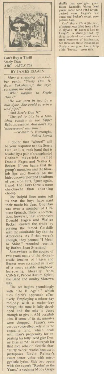 The image is a newspaper clipping featuring a satirical review of Steely Dan's album 'Can't Buy a Thrill,' overlaid with…