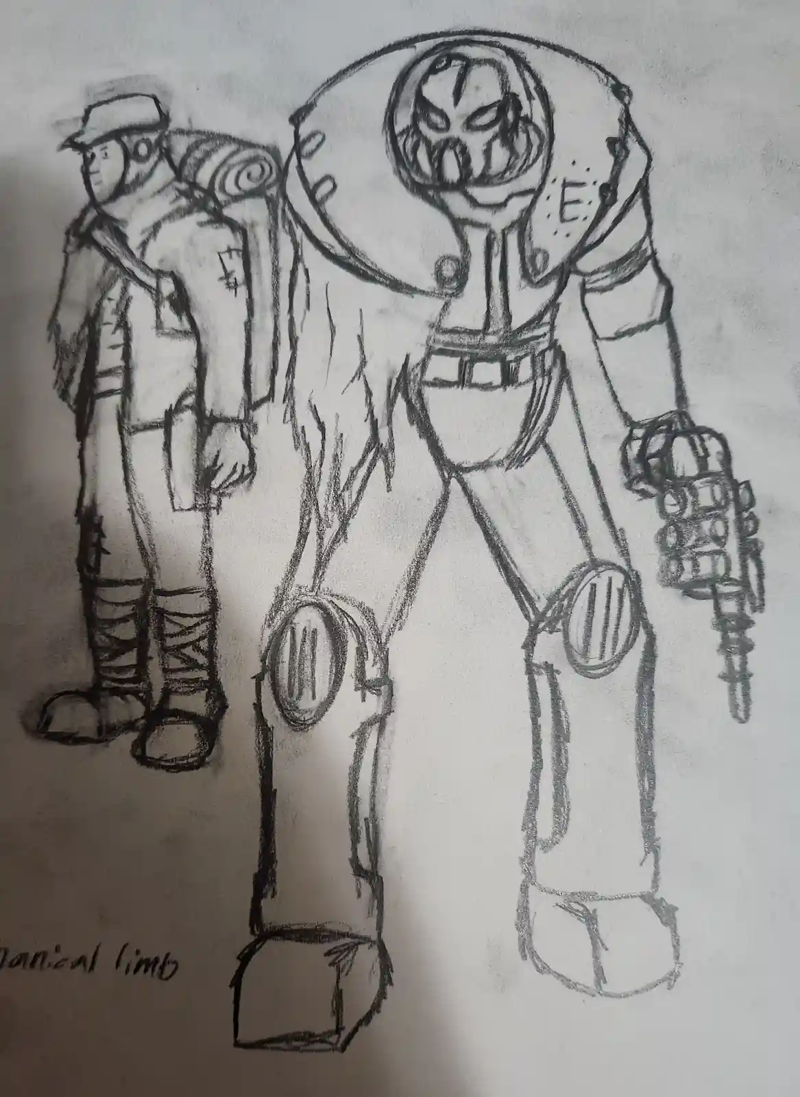 A pencil sketch shows two figures: a smaller, normal-looking person in a hat and coat standing beside a much larger, heavily…