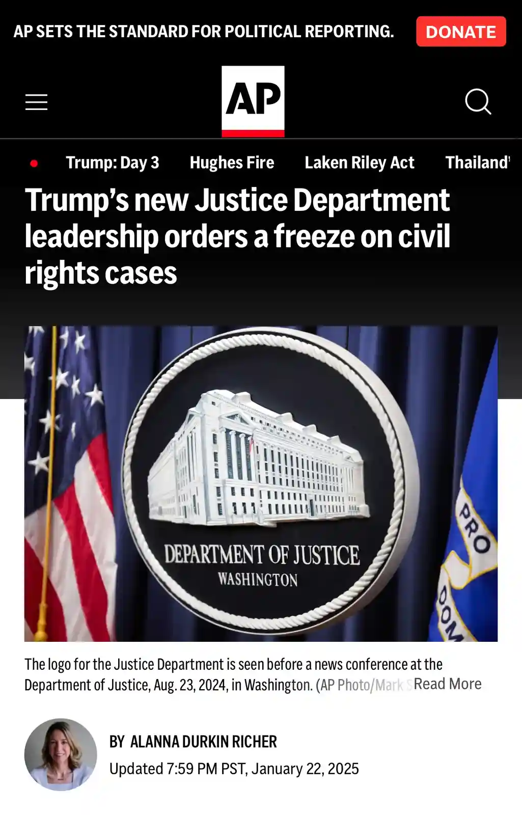 An Associated Press news article screenshot shows the Department of Justice seal flanked by American and DOJ flags. The…