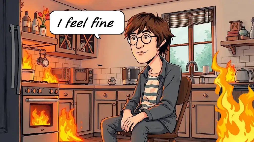 A cartoon man with glasses sits calmly in a kitchen that is on fire, with flames engulfing the stove, microwave, and…