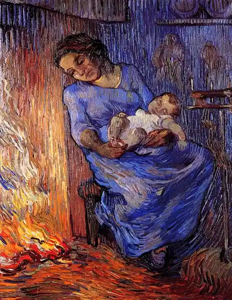 A painting depicts a woman in a blue dress holding a sleeping baby while sitting beside a roaring fire, with warm orange and…
