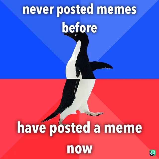 An image of an Adélie penguin standing upright, split horizontally by a red and blue background. White text at the top reads…