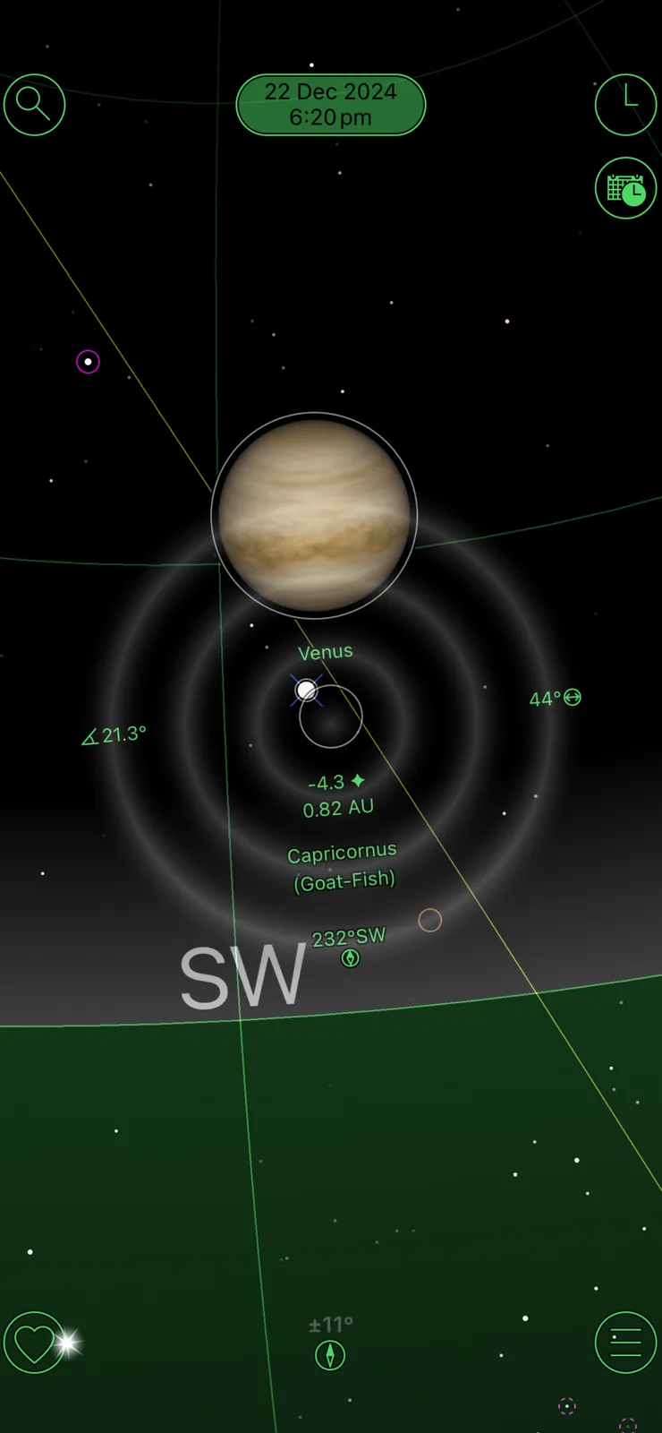 A screenshot from a star chart app showing Jupiter prominently in the center, with Venus labeled nearby. The app interface…