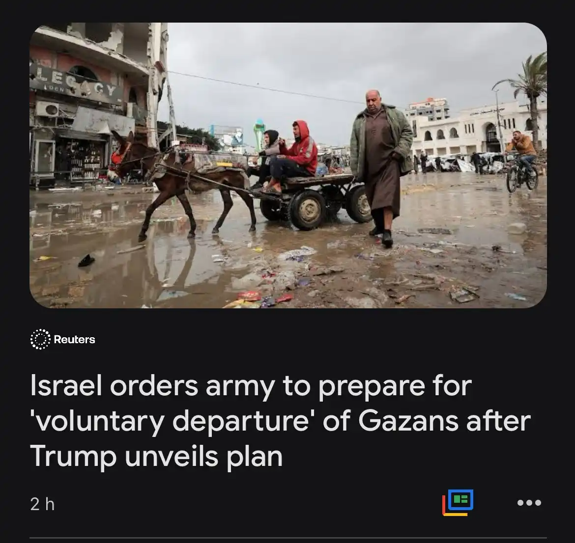 A Reuters news article screenshot shows a photo of people in a war-torn, muddy street with a donkey-drawn cart carrying two…