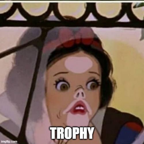 A close-up of the animated character Snow White with a comically exaggerated, shocked facial expression, featuring wide eyes…