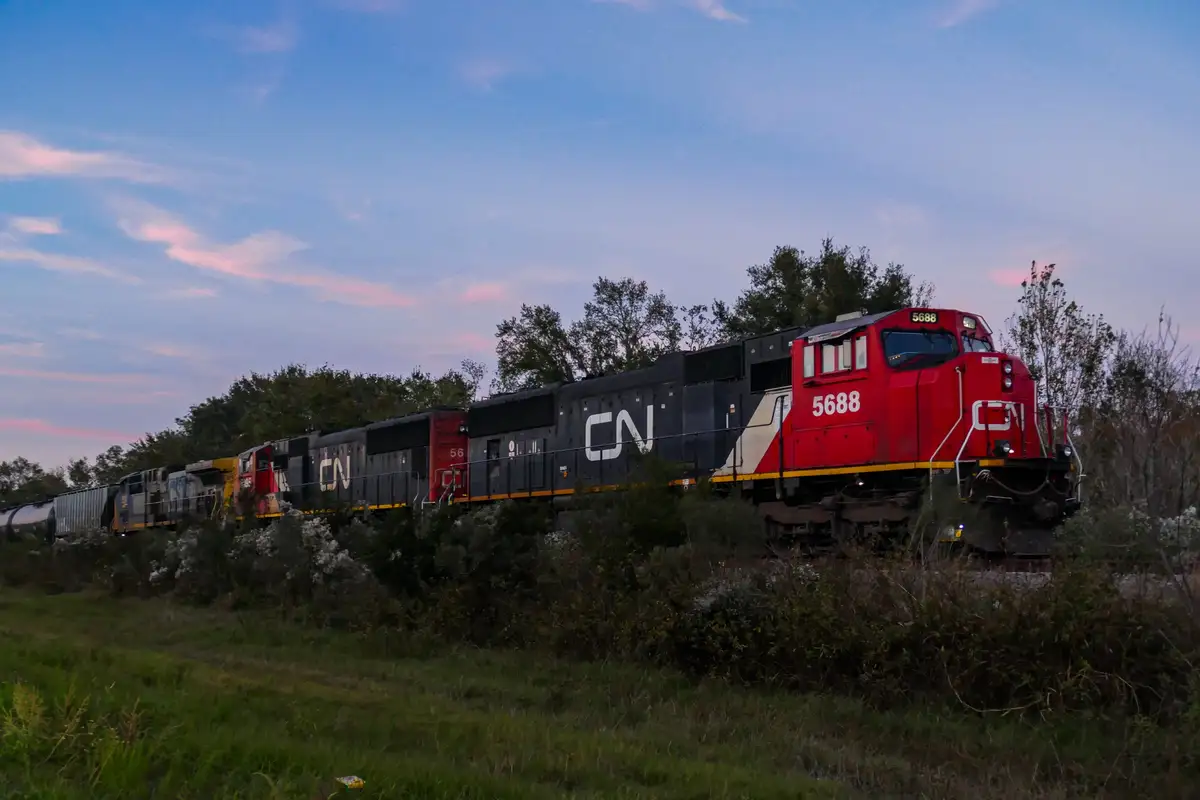 A Canadian National (CN) freight train, led by locomotive number 5688, travels through a grassy field at dusk under a sky…
