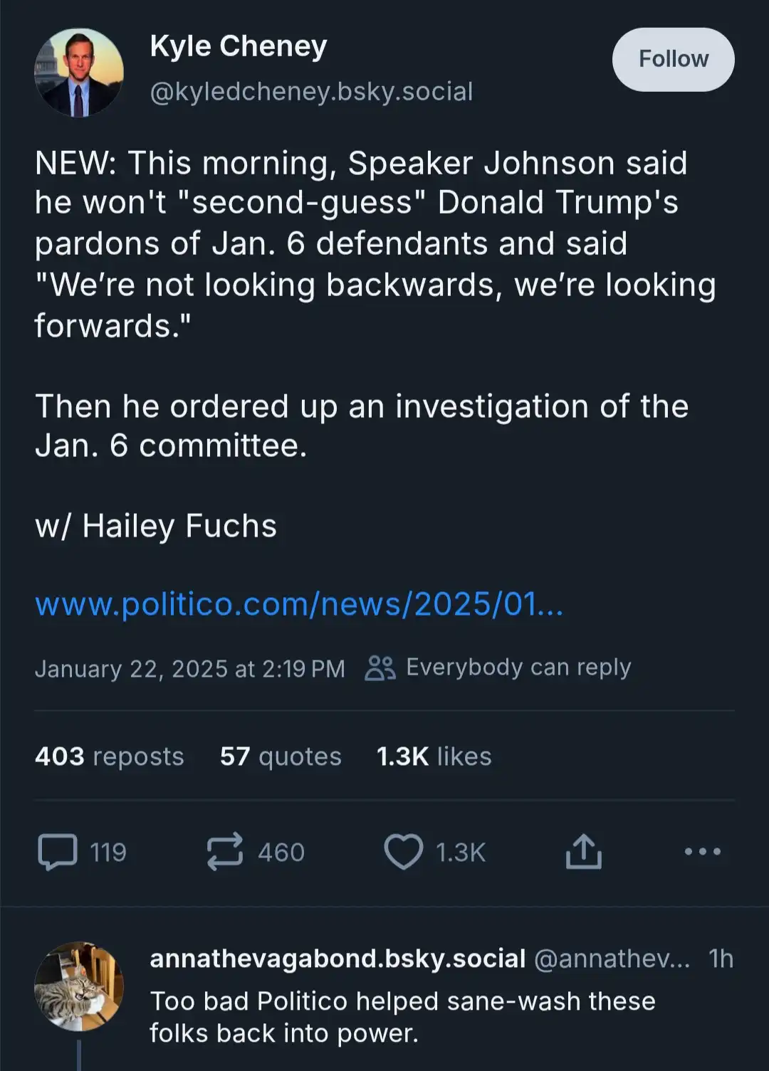 A screenshot of a Bluesky post by Kyle Cheney reporting that Speaker Johnson won't second-guess Trump's pardons and ordered…